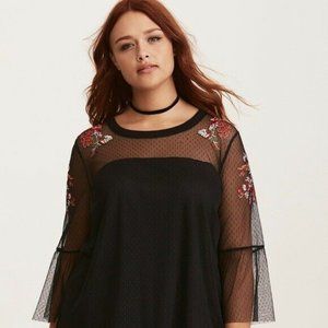 TORRID Floral Embroidered Mesh Top Size 1 Black Sheer Flared Sleeves Lined